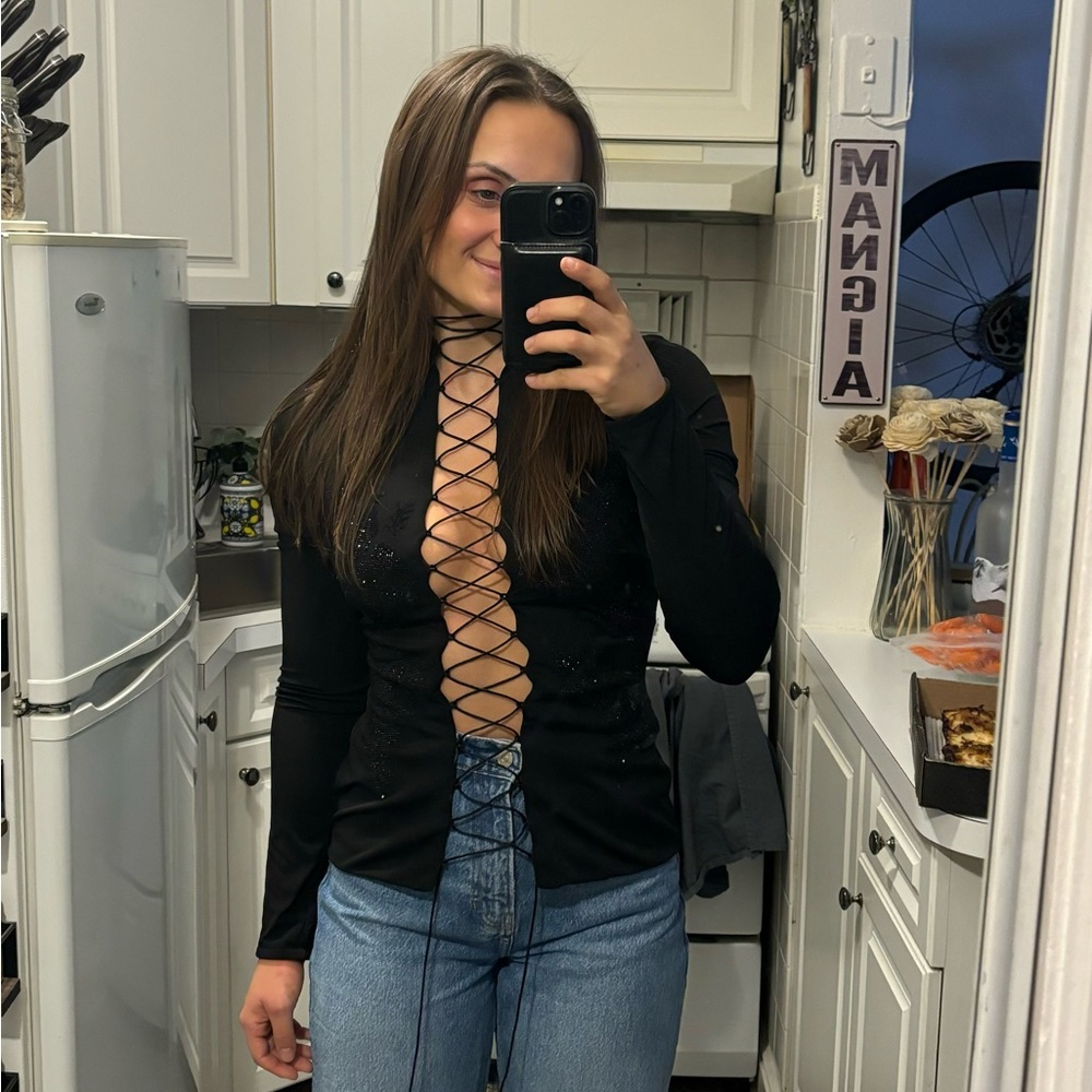 Lori BLACK CRYSTALLISED LACE UP TOP